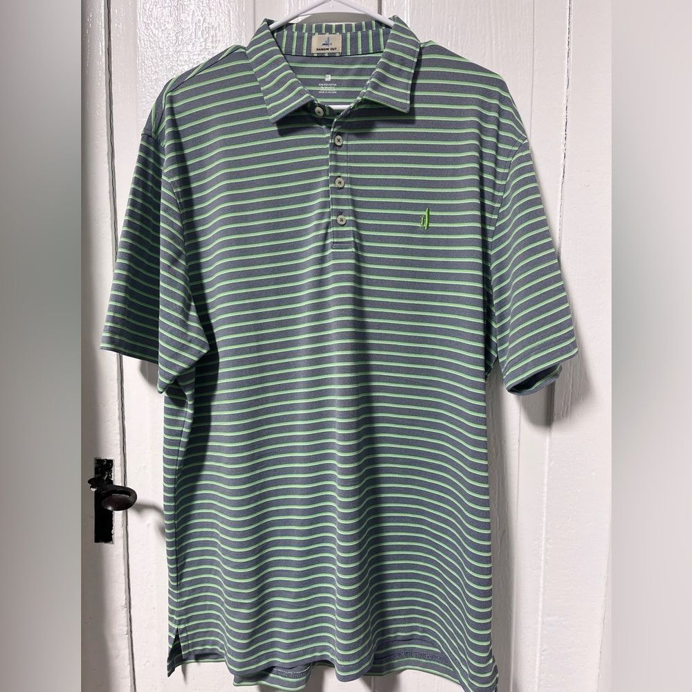 Johnnie O Hangin Out striped blue and green Polo poly spandex blend size XL